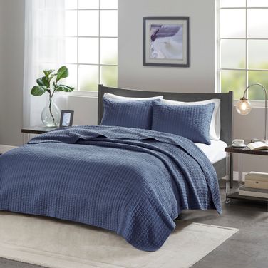 Keaton Polyester Micro Fiber Solid Brushed Fabric Quilted 2 Piece Twin Coverlet Set In Navy