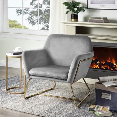 Keira Gray Velvet Accent Chair With Metal Base