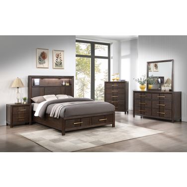 Kenzo 4 Piece Storage Queen Bedroom Set with LED Headboard, Bluetooth Speakers and USB Ports In Walnut