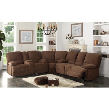Kevin Contemporary 3 Piece Upholstered Sectional with Storage Console and Cup Holders In Brown