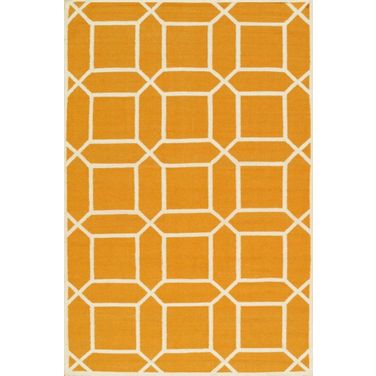Kilim Collection Hand-Woven Lamb's Wool Area Rug- 5' x 8' In Ivory and Orange