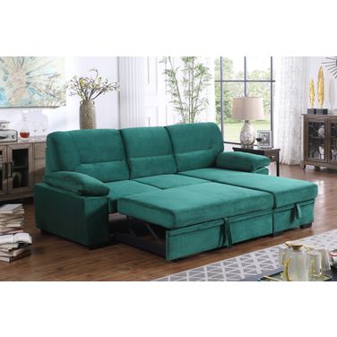 Kipling Green Velvet Fabric Reversible Sleeper Sectional Sofa Chaise
