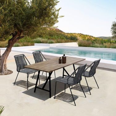 Koala And Clip 5 Piece Dining Set In Light Eucalyptus Wood And Metal With Grey Rope