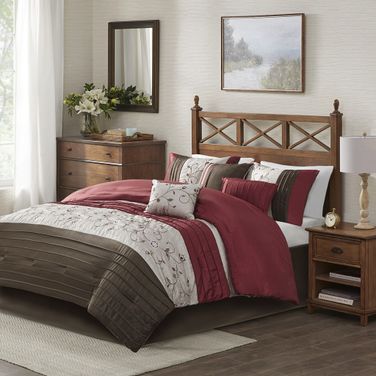 Kobe Polyester Polyoni Pieced Solid California King Comforter 7 Piece Set with Embroidery In Red