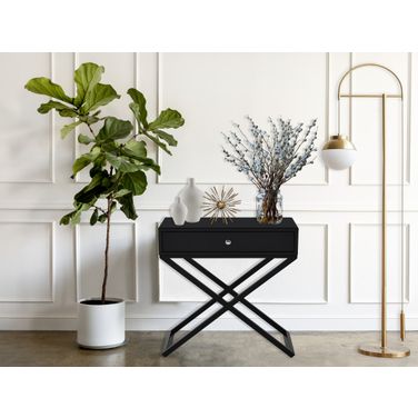 Koda Black Wooden End Side Table Nightstand With Glass Top and Drawer And Metal Cross Base