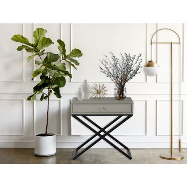 Koda Taupe Wooden End Side Table Nightstand With Glass Top and Drawer And Metal Cross Base