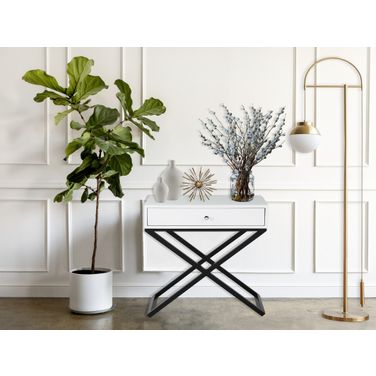 Koda White Wooden End Side Table Nightstand With Glass Top and Drawer And Metal Cross Base