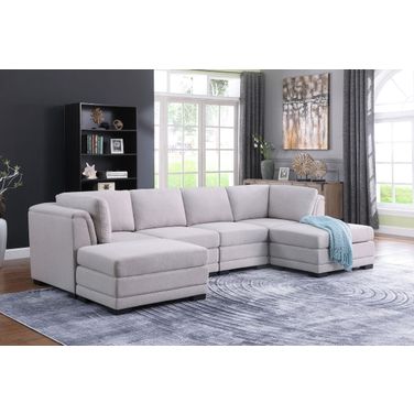 Kristin Light Gray Linen Fabric Reversible Sectional Sofa With 2 Ottomans