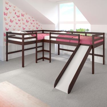 L-Shape Double Twin Loft Bed In Dark Cappuccino Finish