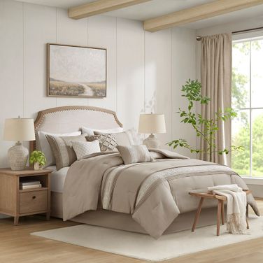 Lacey 7 Piece Lace Trim Queen Comforter Set with Throw Pillows In Taupe
