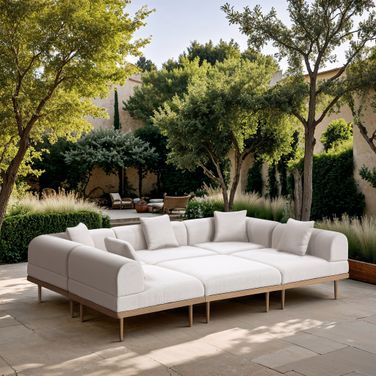Laguna 106.5 Inch Fabric Upholstered 6 Piece Outdoor Patio Modular Sectional In Cream and Natural