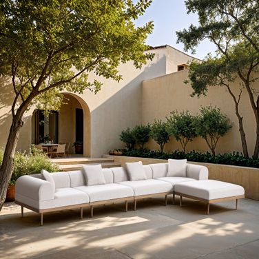 Laguna 142 Inch Fabric Upholstered 5 Piece Outdoor Patio Modular Sectional In Cream and Natural