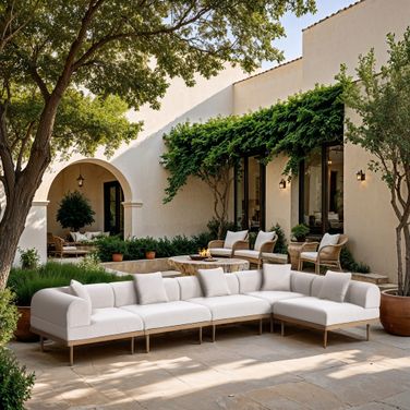 Laguna 142 Inch Fabric Upholstered 5 Piece Outdoor Patio Modular Sectional In Cream and Natural