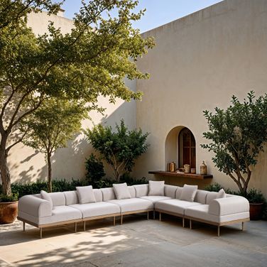 Laguna 142 Inch Fabric Upholstered 6 Piece Outdoor Patio Modular Sectional In Beige and Natural