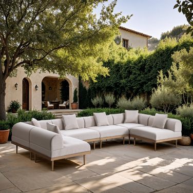 Laguna 142 Inch Fabric Upholstered 6 Piece Outdoor Patio Modular Sectional In Beige and Natural