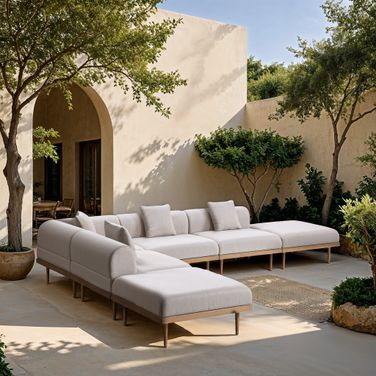 Laguna 142 Inch Fabric Upholstered 6 Piece Outdoor Patio Modular Sectional In Beige and Natural