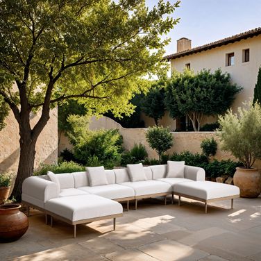 Laguna 142 Inch Fabric Upholstered 6 Piece Outdoor Patio Modular Sectional In Cream and Natural