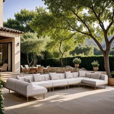 Laguna 177.5 Inch Fabric Upholstered 7 Piece Outdoor Patio Modular Sectional In Beige and Natural