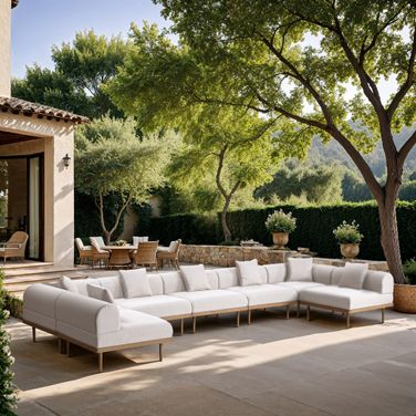 Laguna 177.5 Inch Fabric Upholstered 7 Piece Outdoor Patio Modular Sectional In Cream and Natural