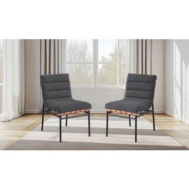Lahni Boucle Fabric Dining Chair with Black Iron Legs Set of 2 In Dark Gray