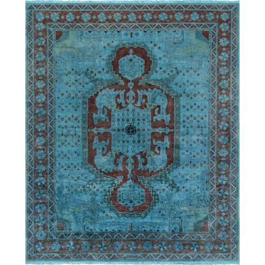 Lahore Collection Hand-Knotted Lamb's Wool Area Rug- 8' 3" x 10' In Blue and Rust