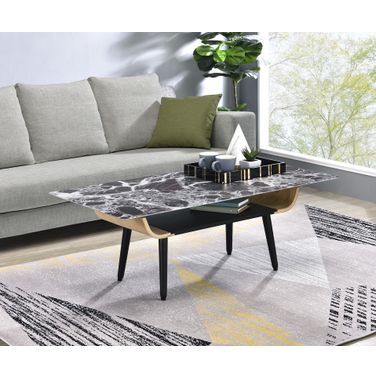 Landon 47 Inch Coffee Table with Glass Marble Texture Top and Bent Wood Design In Black