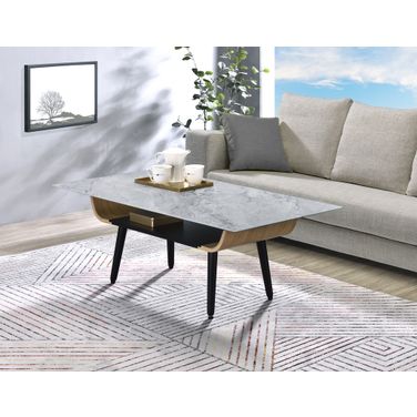 Landon 47 Inch Coffee Table with Glass Marble Texture Top and Bent Wood Design In Gray
