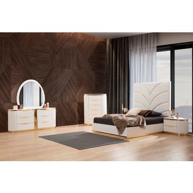 Laura Gold Detailed Upholstery King 5-N PC Made With Wood In White