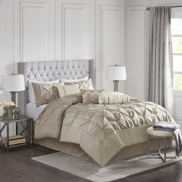 Laurel Polyester Polyoni Pieced 7 Piece California King Comforter Set with Pleats In Taupe