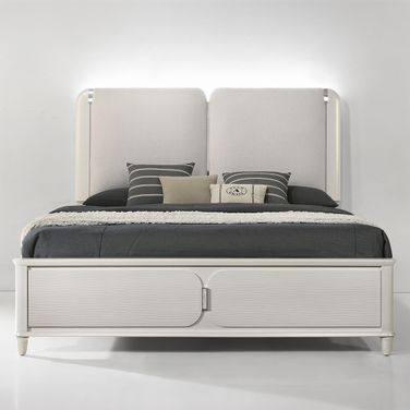Laveda Eastern King Bed with LED In Light Gray and Pearl White