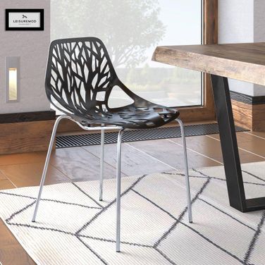 LeisureMod Asbury Black Dining Chair with Chromed Legs