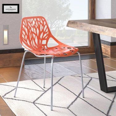 LeisureMod Asbury Orange Dining Chair with Chromed Legs