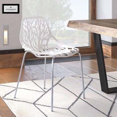 LeisureMod Asbury White Dining Chair with Chromed Legs