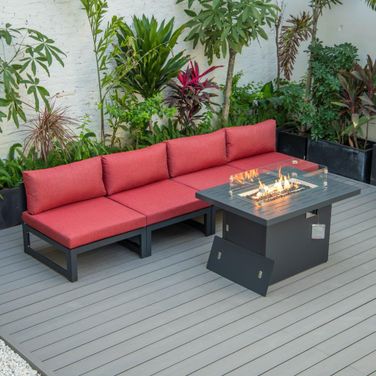 LeisureMod Chelsea 5-Piece Middle Patio Chairs and Fire Pit Table Set Black Aluminum With Cushions In Red