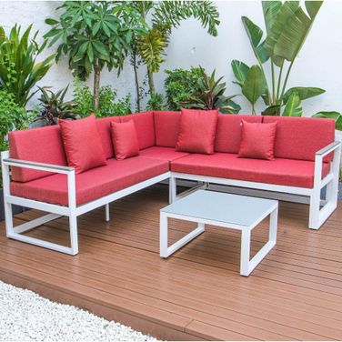 Leisuremod Chelsea White Sectional With Adjustable Headrest And Coffee Table With Cushions In Red