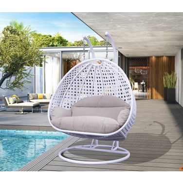LeisureMod White and Taupe Wicker Hanging 2 person Egg Swing Chair