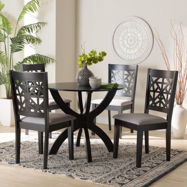 Lena 5-Piece Dining Set In Grey Fabric and Dark Brown Finished Wood