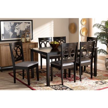 Lenoir Modern And Contemporary Grey Fabric Upholstered Espresso Brown Finished Wood 7-Piece Dining Set