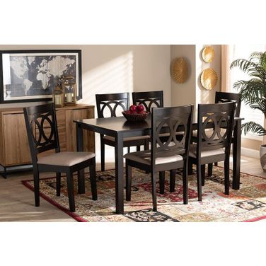 Lenoir Modern And Contemporary Sand Fabric Upholstered Espresso Brown Finished Wood 7-Piece Dining Set