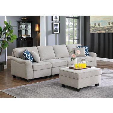 Leo Light Gray Linen 5 Seater Sofa and Ottoman