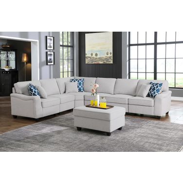 Leo Light Gray Linen 7 Piece Modular L-Shape Sectional Sofa and Ottoman