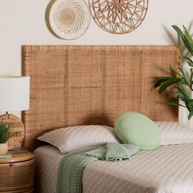 Lesia Natural Rattan and Mahogany Wood Queen Headboard In Light Honey and Red Teak