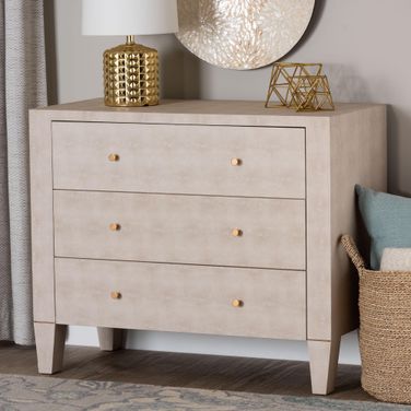 Leyna Faux Shagreen 3 Drawer Storage Cabinet In Beige and Brass