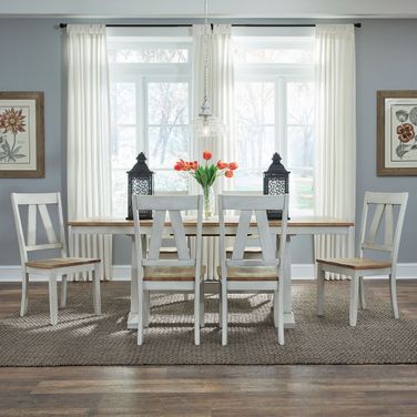 Lindsey Farm Weathered White And Sandstone Extendable Trestle Dining Room Set