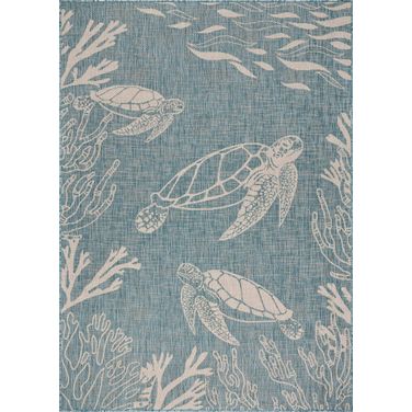Litus 7'6" x 9'5" Tulsa Sea Turtle Blend Outdoor Area Rug In Aqua and White
