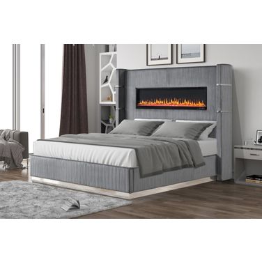 Lizelle Upholstery Wooden King Bed With Ambient Lighting In Gray Velvet Finish