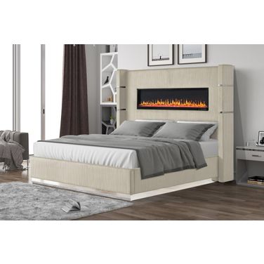 Lizelle Upholstery Wooden Queen Bed With Ambient Lighting In Beige Velvet Finish