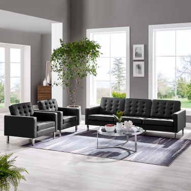 Loft 3 Piece Tufted Upholstered Faux Leather Set EEI-4105-SLV-BLK-SET