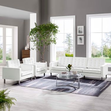 Loft Silver and White 3 Piece Tufted Upholstered Faux Leather Set
