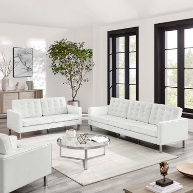 Loft Silver and White Tufted Upholstered Faux Leather Sofa and Loveseat Set